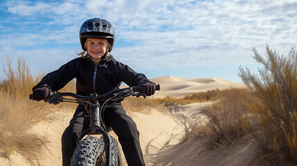 Kid rider posing on a sandy trail with desert dunes in the background, emphasizing adventure and exploration on two wheels