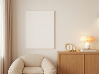 elegant staged interior with vertical blank canvas frame mockup