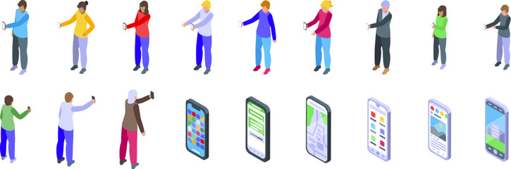 Poster - people show smartphone screen icons set. this illustration features people holding their smartphones