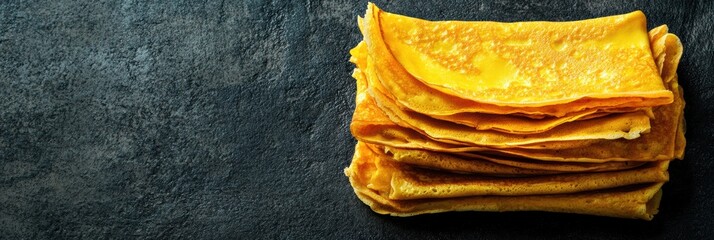 Poster - Freshly made golden crepes are neatly stacked on a dark surface, inviting a delicious culinary experience for any meal of the day. Generative AI