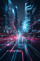 Poster - futuristic urban landscape, ai integration, digital society, neon holograms