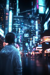 Poster - Futuristic AI society, digital metropolis, innovative technology, holographic interfaces