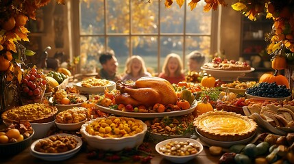 Poster - A wide-angle view of a Thanksgiving table filled with a variety of dishes, including turkey, pies, and vegetables, with a family in the background laughing and enjoying the meal,