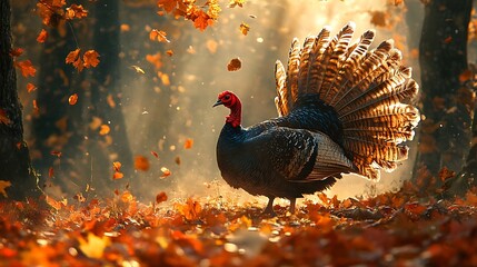 Poster - A wild turkey fanning its feathers in an autumn forest, surrounded by a cascade of colorful leaves, sunlight filtering through the treetops, creating a whimsical and lively scene in nature.