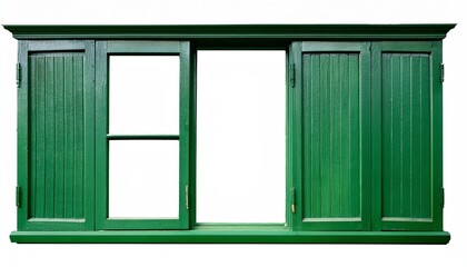 A vibrant green wooden window frame with open sections, showcasing a rustic design and a blank center, ideal for a scenic view.