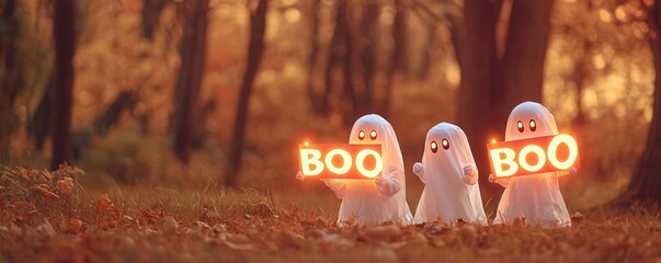 Sticker - Halloween Ghosts Holding Boo Signs In Autumn Forest.