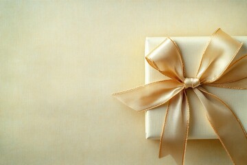Poster - A small gift box adorned with a golden bow sits gracefully on textured, light-colored wrapping paper, perfect for festive moments. Generative AI