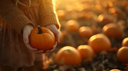 Sticker - Close-up of a child’s hands holding a small pumpkin, surrounded by an autumn field of pumpkins, soft sunlight highlighting the textures of the pumpkin, with the golden sky in the background.