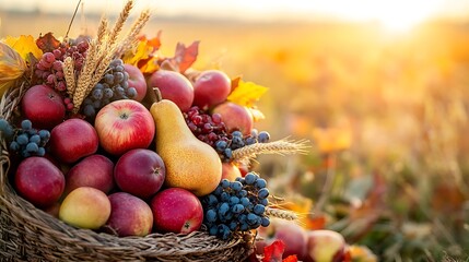 Wall Mural - Close-up of a cornucopia bursting with ripe apples, pears, gourds, and grains, with a soft, blurred background of a field during golden hour,