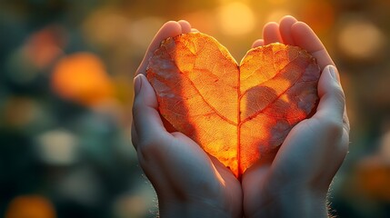 Wall Mural - Close-up of two hands cradling a heart-shaped leaf, with the soft glow of the autumn sun illuminating the leaf’s vibrant colors, golden and red tones, the background blurred with fall foliage,