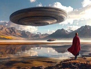 Surreal Landscape with UFO and Lone Figures
