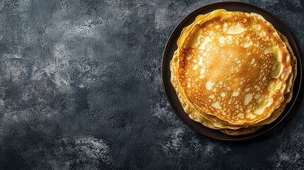 Poster - Golden crepes are neatly stacked on a black plate against a textured surface, making a delicious treat ideal for any meal. Generative AI