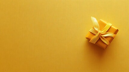 Poster - A neatly wrapped small gift box adorned with a ribbon is placed in the corner against a textured light backdrop that resembles wrapping paper. Generative AI