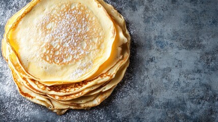 Poster - A stack of freshly made golden crepes sits on a rustic surface, lightly dusted with powdered sugar, perfect for a delightful breakfast treat. Generative AI