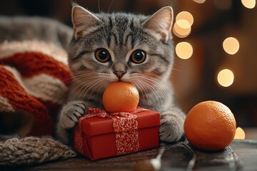 Aufkleber - Home Chinese New Year celebrations. A cute domestic shorthair cat sets up a traditional pendant for good luck for the Chinese Lunar New Year.