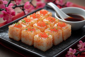 Wall Mural - Chinese lunar new year food concept, turnip radish cake, local cuisine in restaurant with soy sauce, closeup, copy space