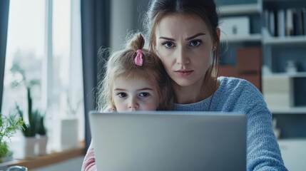 Mom Work. Businesswoman and Caucasian Mother Working from Home with Child