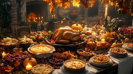 Poster - Thanksgiving feast with a traditional turkey, stuffing, and pies laid out on a large table, family gathered around, soft lighting creating a warm, inviting atmosphere,