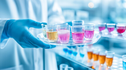 A scientist wearing gloves transports a tray filled with various colorful chemical solutions, showcasing a vibrant array of liquids in a modern laboratory setting