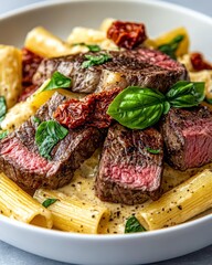 Poster - Delicious pasta steak bowl with tomatoes basil garnish