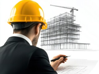 Poster - A man in a suit and yellow helmet is drawing a construction blueprint of a building on a white background, with his back to the camera. He holds a pen near the plan sketch.