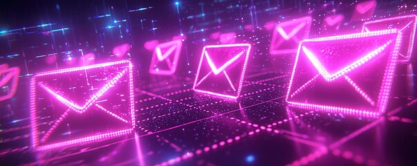 Poster - Neon Email Icons in Digital Space