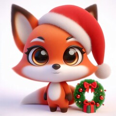 cartoon 3d render a cute fox, mysterious eyes cute happy with a Christmas wreath on her head, full body, white background