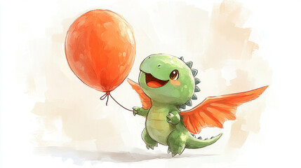 Wall Mural - a cute green dino with wings with red balloon