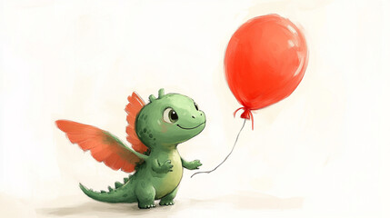 Wall Mural - a cute watercolor painted green dino with wings with red balloon