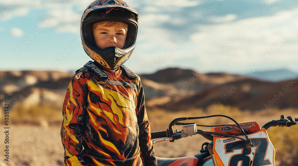 Young boy in a flame-patterned racing suit, standing proudly next to ...
