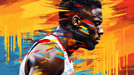 African american male athlete on abstract colorful background. Sport and healthy lifestyle concept.