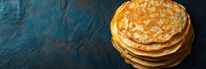 Poster - This delightful stack of golden crepes sits enticingly, perfect for breakfast or dessert, inviting you to enjoy a tasty treat. Generative AI
