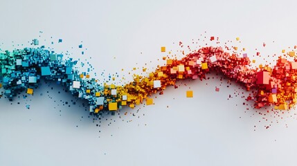 Poster - Vibrant color wave created from dynamic cubes, conveying energy and motion against a clean white background.