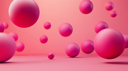 Poster - Colorful pink spheres floating against a vibrant pink background, creating a dynamic and playful visual effect, ideal for modern design projects.
