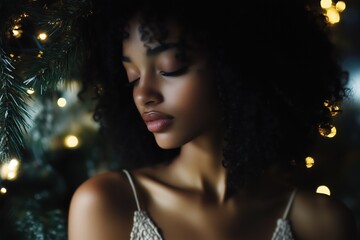 A black young woman in a light-colored outfit relaxes by a decorated tree during the holiday season