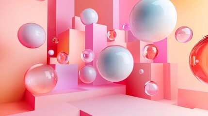 Poster - Colorful abstract scene featuring geometric shapes and floating bubbles in a vibrant gradient background.