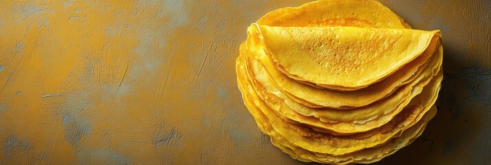 Poster - Golden crepes are neatly stacked, showcasing their fluffy texture and inviting color, perfect for breakfast or dessert options. Generative AI