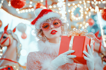 Woman sitting on carousel. Concept. Party. New Year. Christmas.