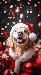 Wall Mural - Xmas vibes - christmas mood - happy funny cute golden retriever wearing santa claus hat in front of christmas tree. Vertical banner for instagram story, reel or tiktok