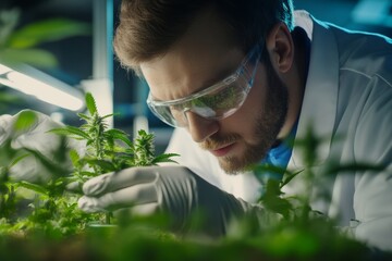 scientist analyzing cannabis plants in a controlled laboratory environment during daylight hours