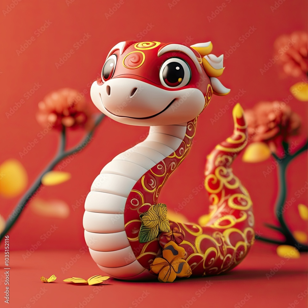 Cute snake on red background in Chinese style. Symbol of the new year ...