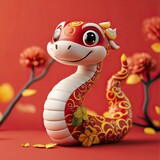 Cute snake on red background in Chinese style. Symbol of the new year 2025. Wallpaper, banner, background