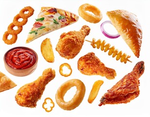 Collage with different tasty fast food on white background