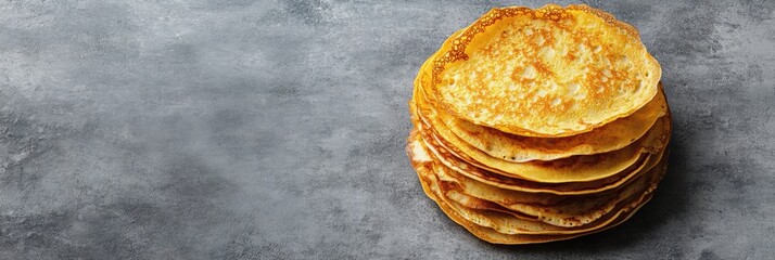 Poster - A warm stack of golden crepes sits invitingly on a rustic countertop, perfect for breakfast or as a sweet dessert option. Generative AI