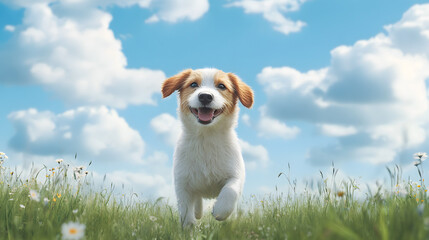 Happy Puppy Running Through a Field of Flowers