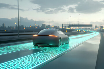  An AIpowered selfdriving car on a futuristic highway, with glowing paths indicating its route, symbolizing autonomous transportation