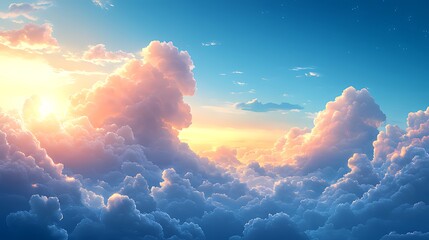 Wall Mural - a vibrant sunset sky with fluffy clouds, showcasing a golden light piercing through the clouds.