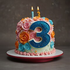 A decorated birthday cake with two lit candles and a large blue number 