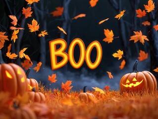 Canvas Print - Boo Halloween Pumpkins and Autumn Leaves.