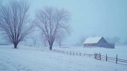 Aufkleber - A wooden barn covered in snow sits in a field. The barn is framed by trees on the left and right sides. A wooden fence stretches in front of the barn, leading to a small hill.